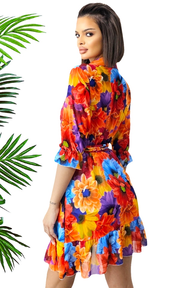 Rochie de vara Kasiana, cu maneca trei sferturi si imprimeu floral, Portocaliu Gerbera, Marime S/M/L