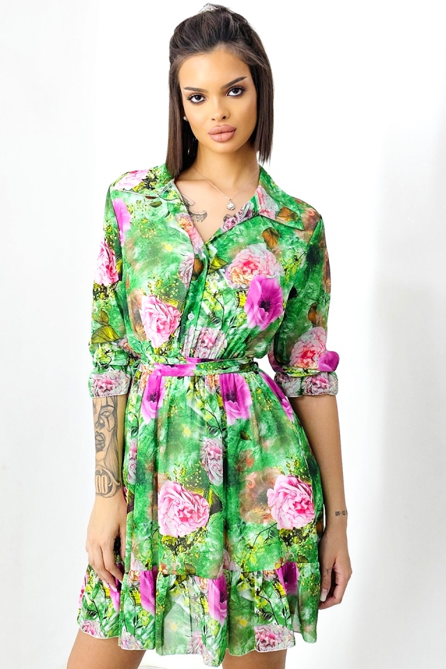 Rochie de vara Kasiana, cu maneca trei sferturi si imprimeu floral, Verde Bujor, Marime S/M/L