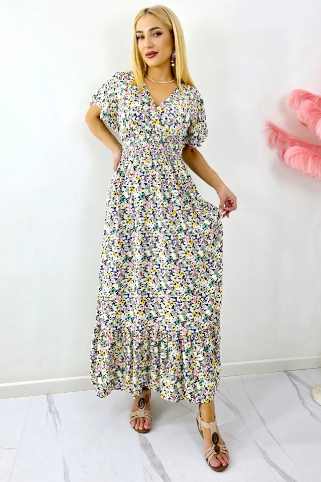 Rochie de zi Mandinga, din bumbac, cu imprimeu floral, Verde Petunia - 2 | YEO