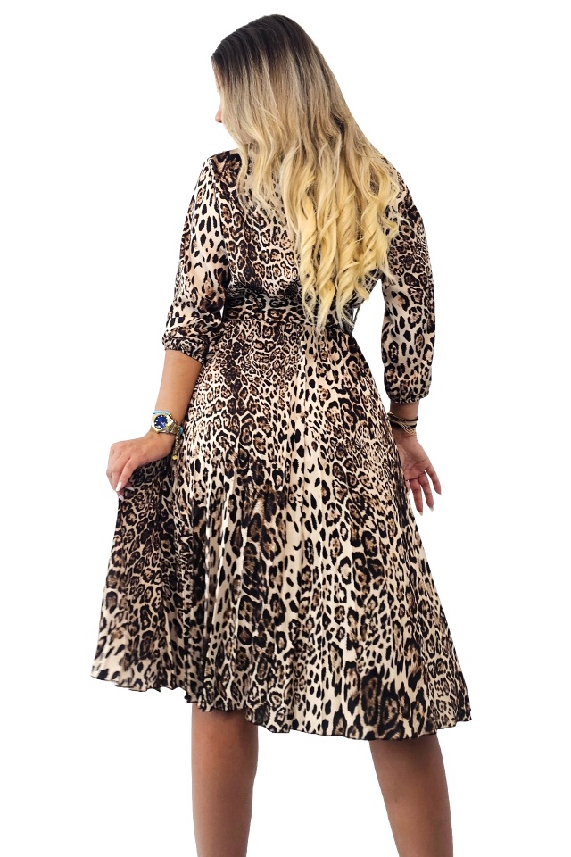 Rochie de zi plisata LUSINDA, cu animal print si curea, Ghepard, Marime S/M