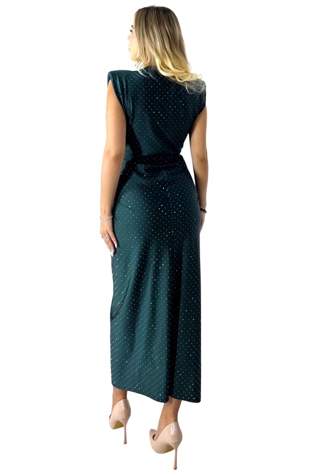 Rochie eleganta cu cristale JHOSY si decolteu adanc, Verde inchis, Marime S/M