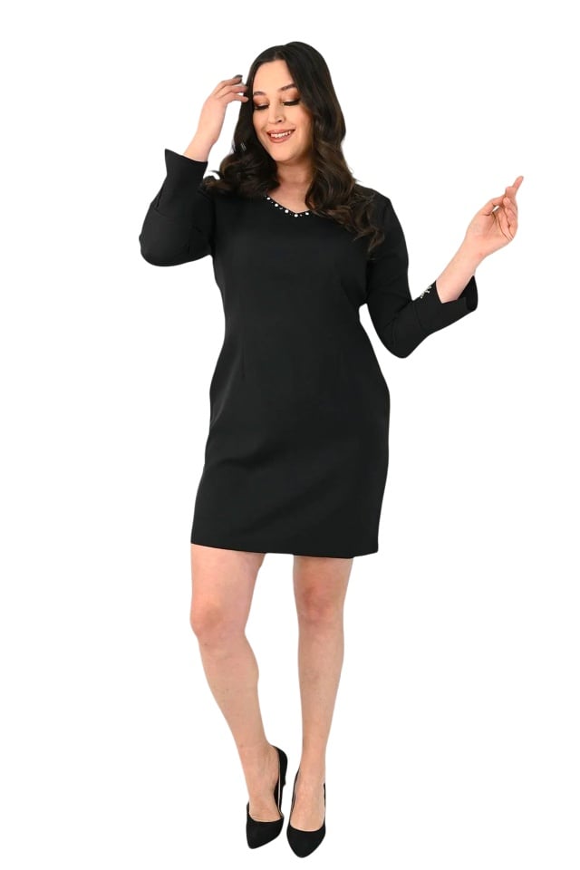Rochie eleganta de zi BRINA, cu pietre si maneca asimetrica, Negru - 2 | YEO