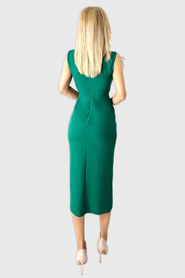 Rochie eleganta HANNA, cu pene naturale si tull, Verde, Marimea 38