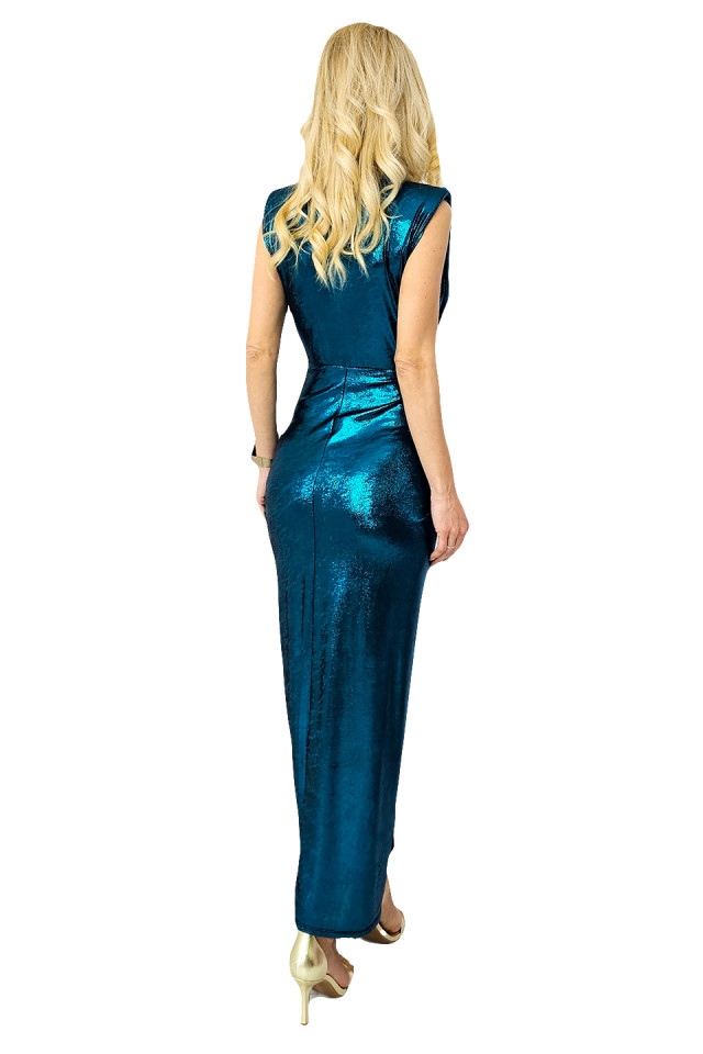 Rochie eleganta Ilaria, croiala cu fronseuri si decolteu adanc, Turquoise Metalizat, Marime S/M