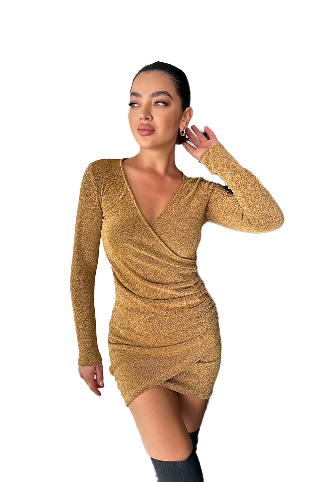 Rochie eleganta Liuba, cu croiala asimetrica, bodycon si fronseuri, Auriu