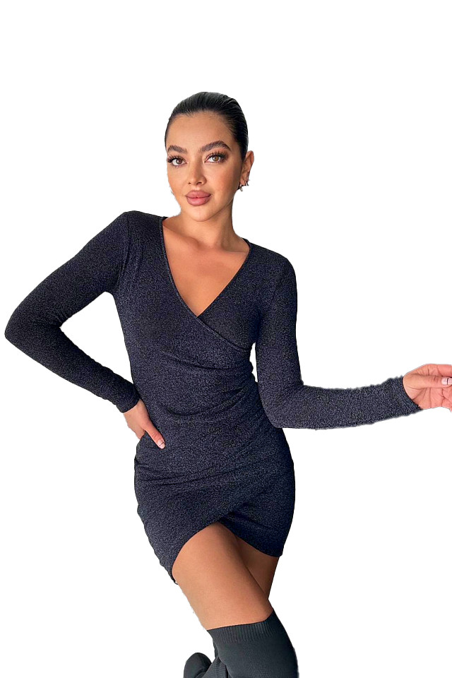 Rochie eleganta Liuba, cu croiala asimetrica, bodycon si fronseuri, Negru