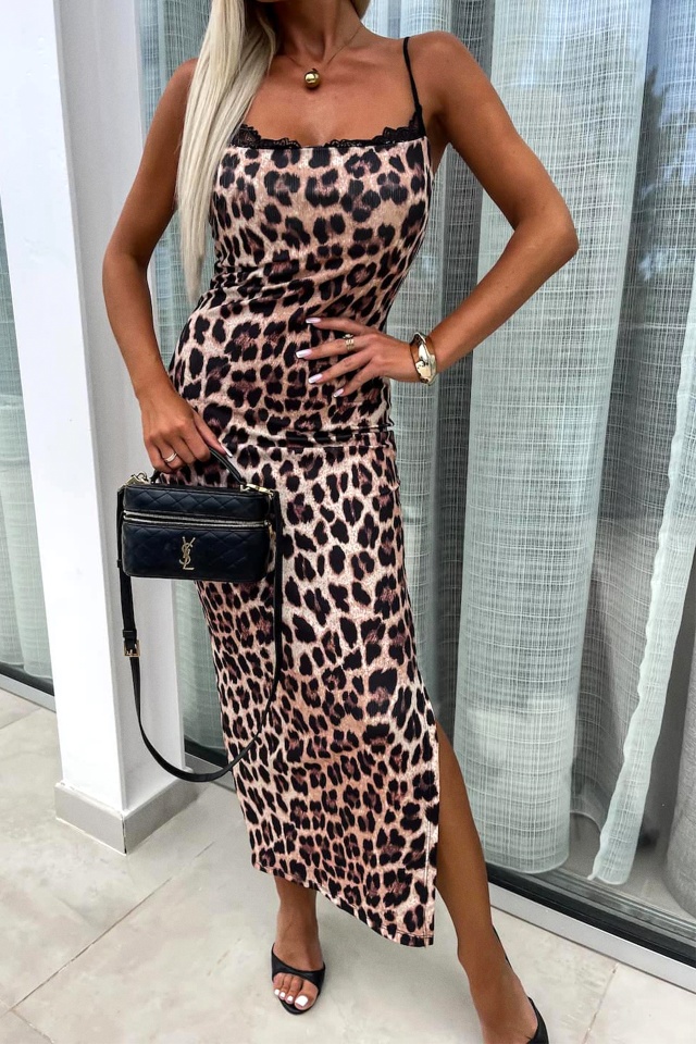 Rochie eleganta SUAVE, imprimeu animal print si insertii cu dantela, Leopard, Marime S/M