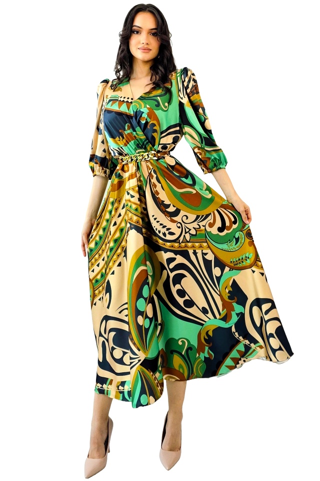 Rochie evazata LORY, cu imprimeu Africa si curea metalica, Verde