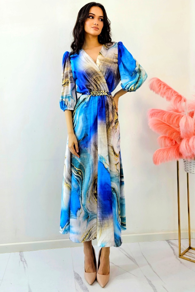 Rochie evazata LORY, cu imprimeu royal si curea metalica, Gold Blue, 42 - 2 | YEO