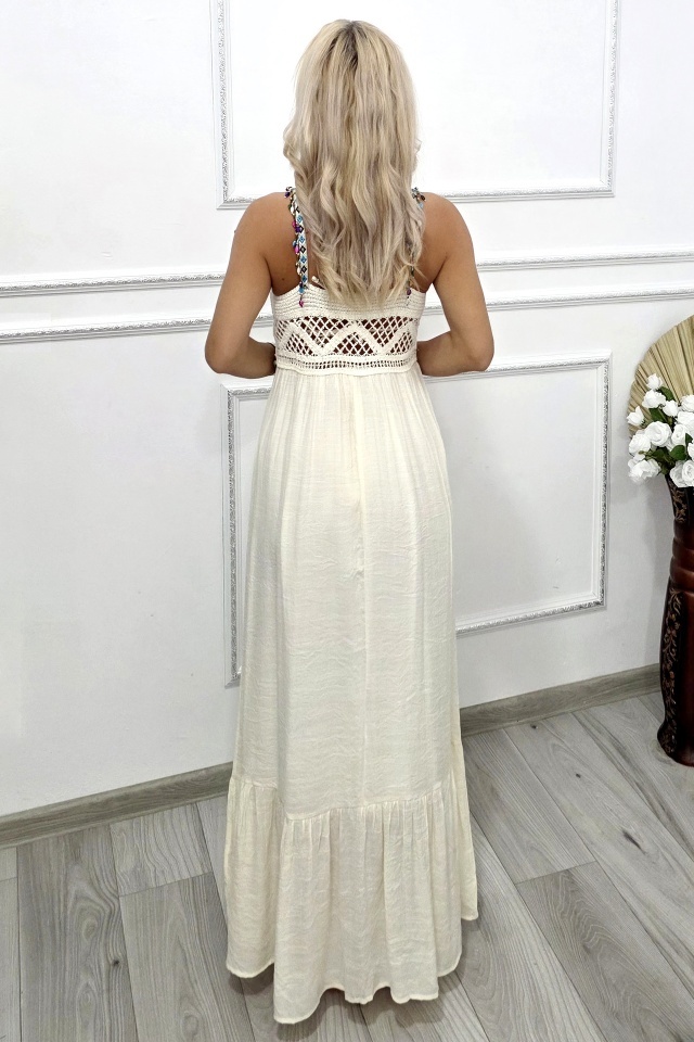 Rochie lunga crosetata TWINA, cu margele si jupa, Crem - 1 | YEO