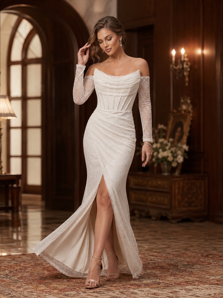 Rochie lunga de cununie CORALYA, cu dantela si corset, ALB