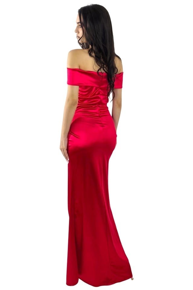Rochie lunga de seara, DHALIA cu decolteu bateau pe umeri, Rosu, Marime S/M