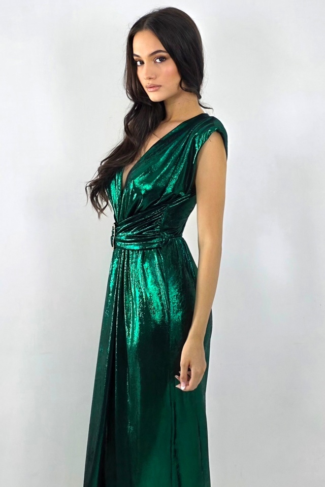 Rochie lunga eleganta Demetra, cu efect metalizat, Verde Smarald, Marime S/M - 3 | YEO