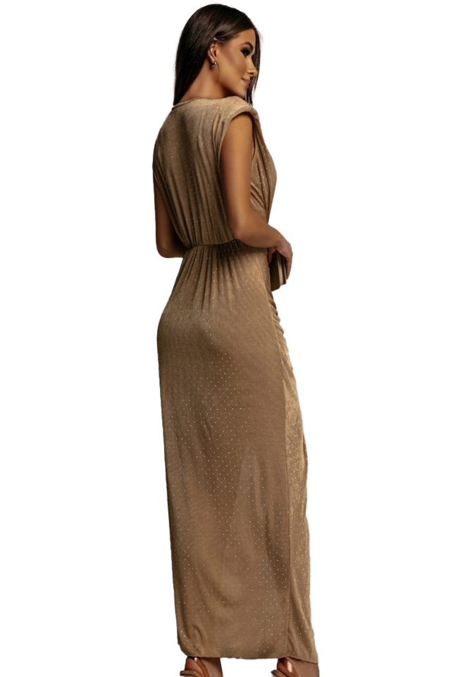 Rochie lunga fara maneci JHOSY, cu paiete si decolteu adanc, BEJ, Marime S/M