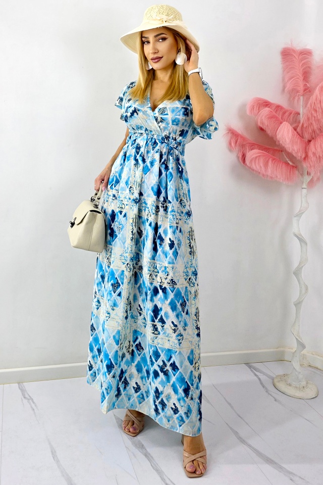 Rochie lunga ISHANI, cu aspect matasos si ciucuri decorativi, Albastru, Marime S/M/L