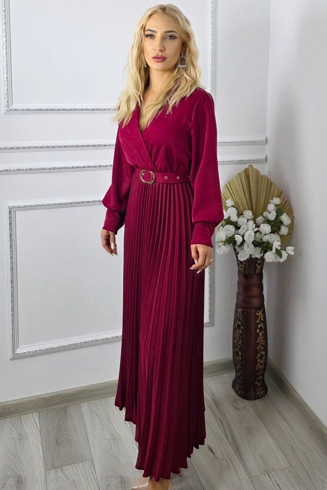 Rochie lunga plisata NOVARA, curea asortata si revere, Rosu Magenta, Marime S/M
