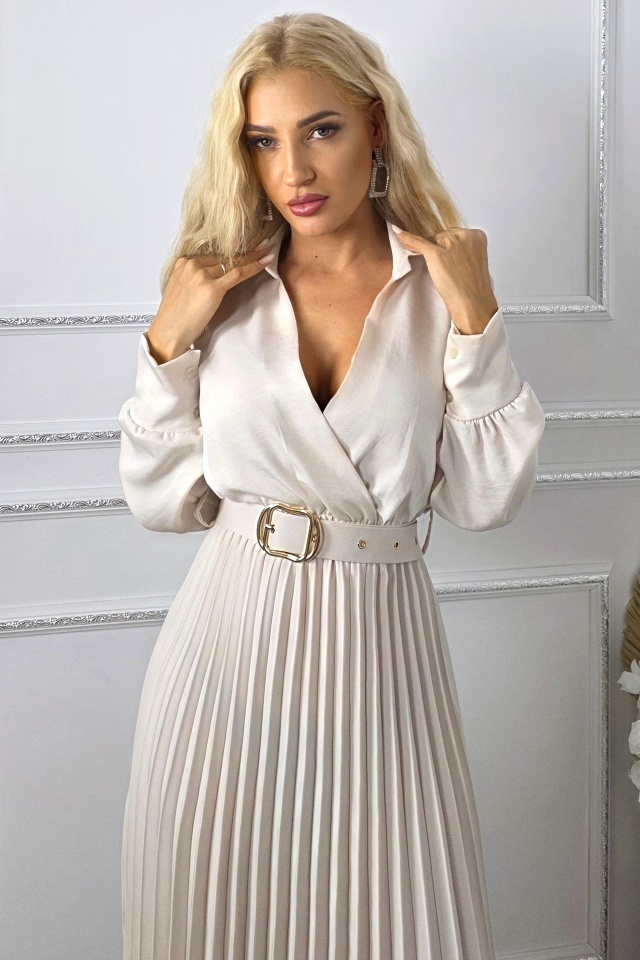 Rochie lunga plisata NOVARA, decolteu petrecut si revere, Crem, Marime S/M - 2 | YEO