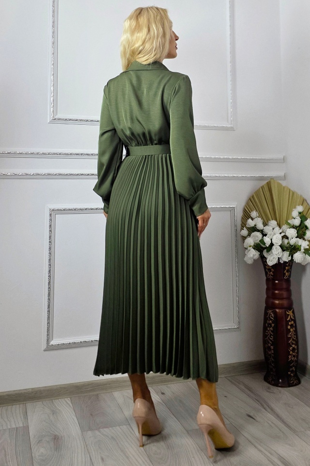 Rochie lunga plisata NOVARA, efect petrecut si revere, Verde Kaki, Marime S/M - 1 | YEO