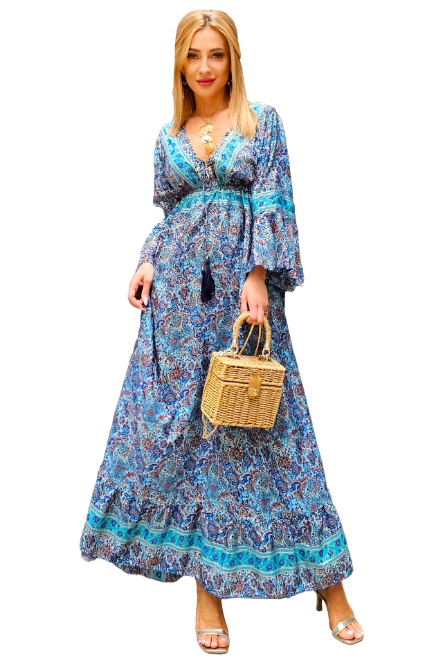 Rochie lunga Sanziana, cu ciucuri, mătase artizanală si maneci evazate, Albastru, Marime S/M/L