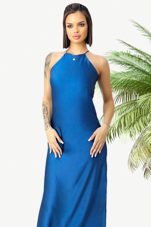 Rochie lunga satinata Priscilla, cu spatele gol si croiala halter, Albastru, Marime S/M