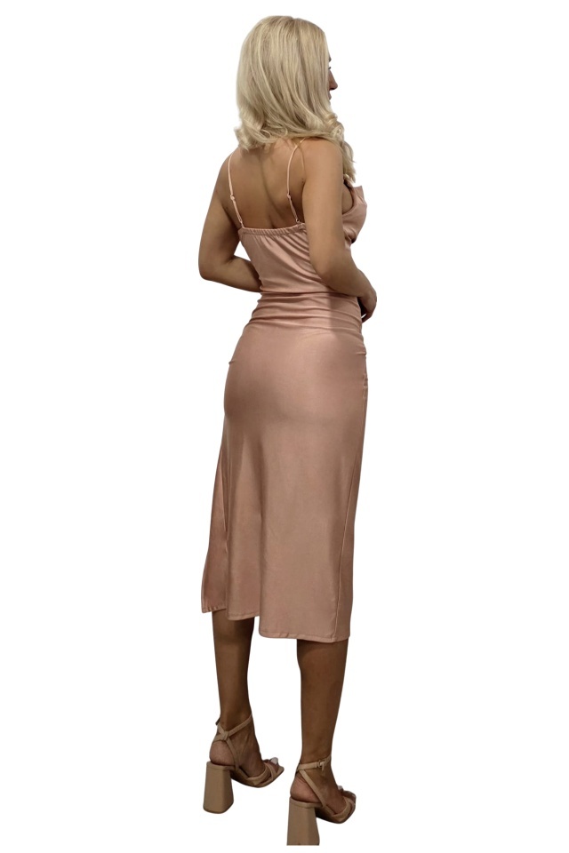 Rochie midi satinata ILena, cu snur decorativ si crapatura, Rose, Marime S/M