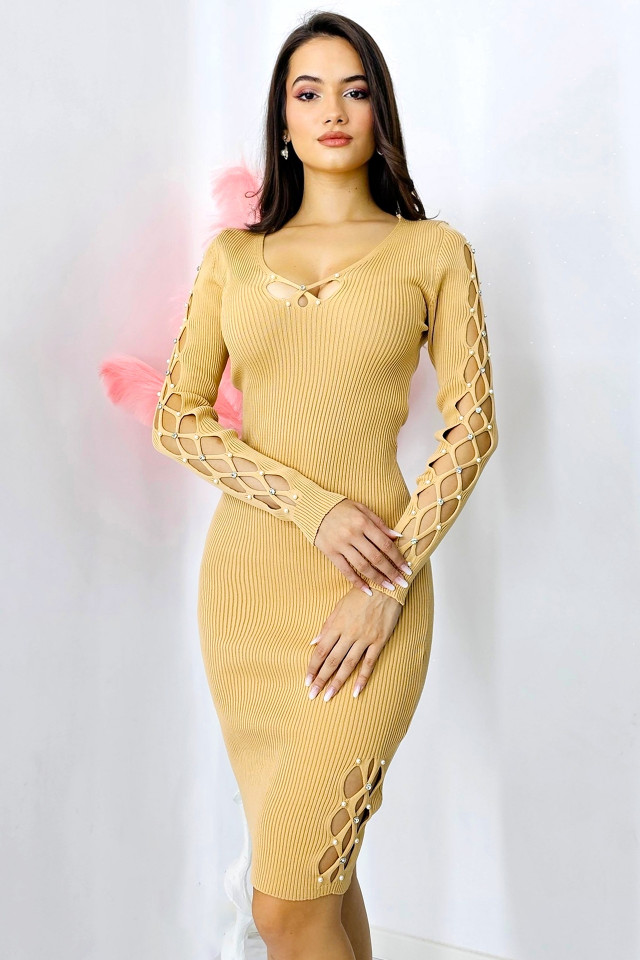 Rochie office Amyna, tetra, cu decupaje, cristale si perle artizanale, Crem, Marime S/M