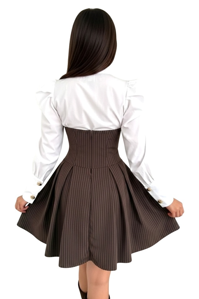 Rochie office tip camasa TOMYNA, bumbac si brosa inclusa, Maro, Marime S/M