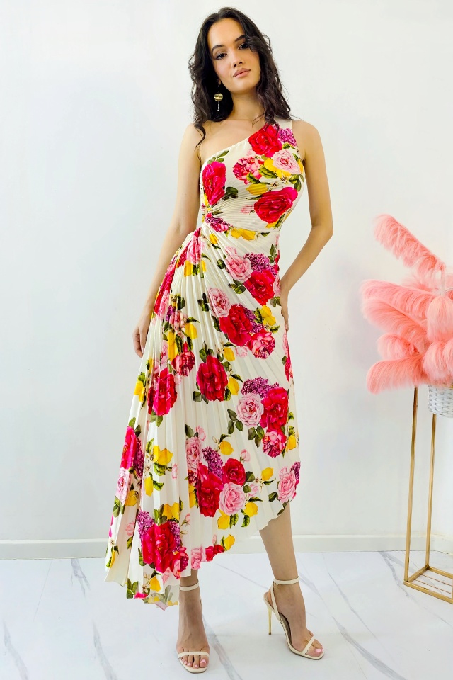 Rochie plisata asimetrica Elza Print, cu decupaj in zona taliei si imprimeu cu lămâi, Lemon Rose, Marime S/M