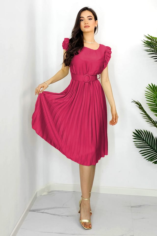 Rochie plisata midi, Elenor, cu volanase si curea asortata, Fucsia, Marime universala S/M