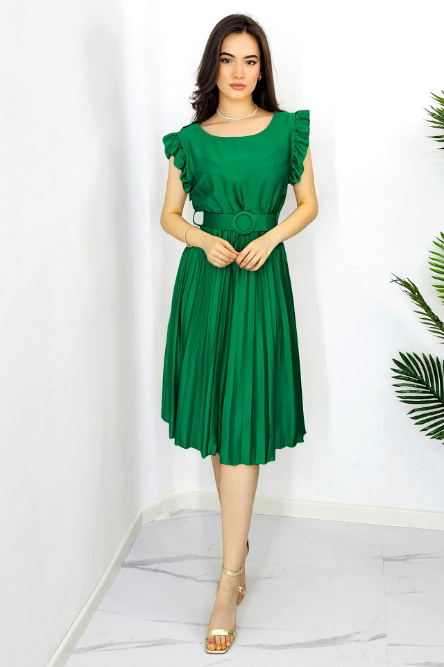 Rochie plisata midi, Elenor, cu volanase si curea asortata, Verde smarald, Marime universala S/M