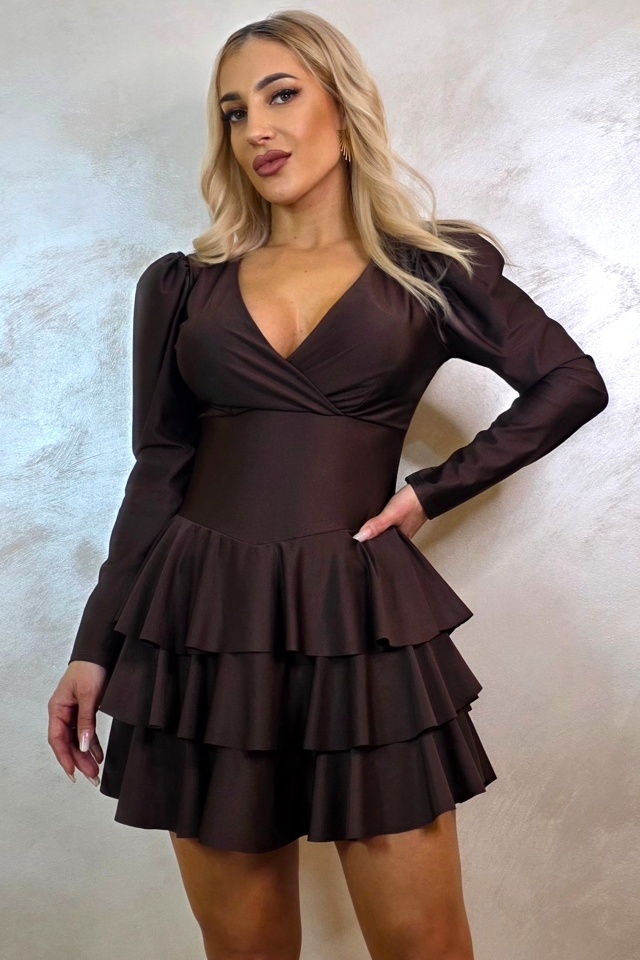Rochie satinata Claire, cu volane si maneci lungi, Maro Ciocolata, Marime universala S/M