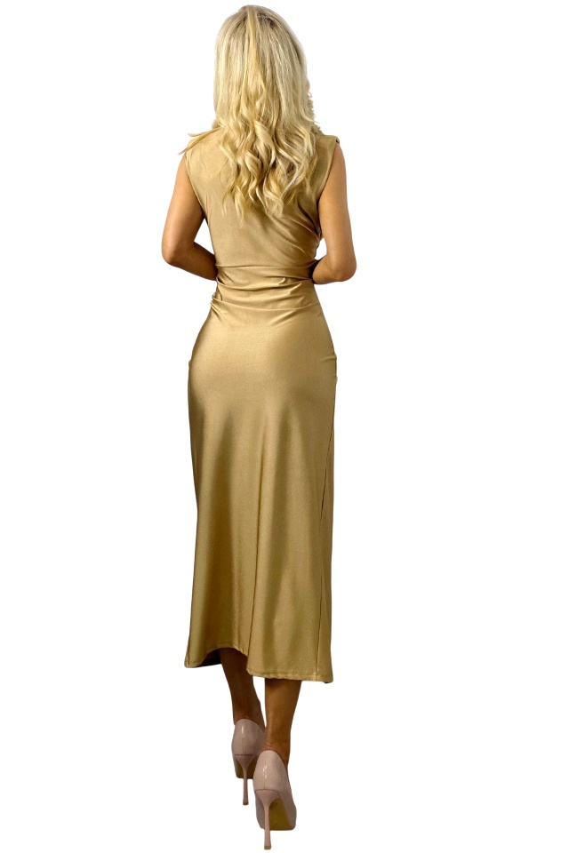 Rochie satinata Ilaria, croiala lunga si crapatura pe picior, Gold, Marime S/M