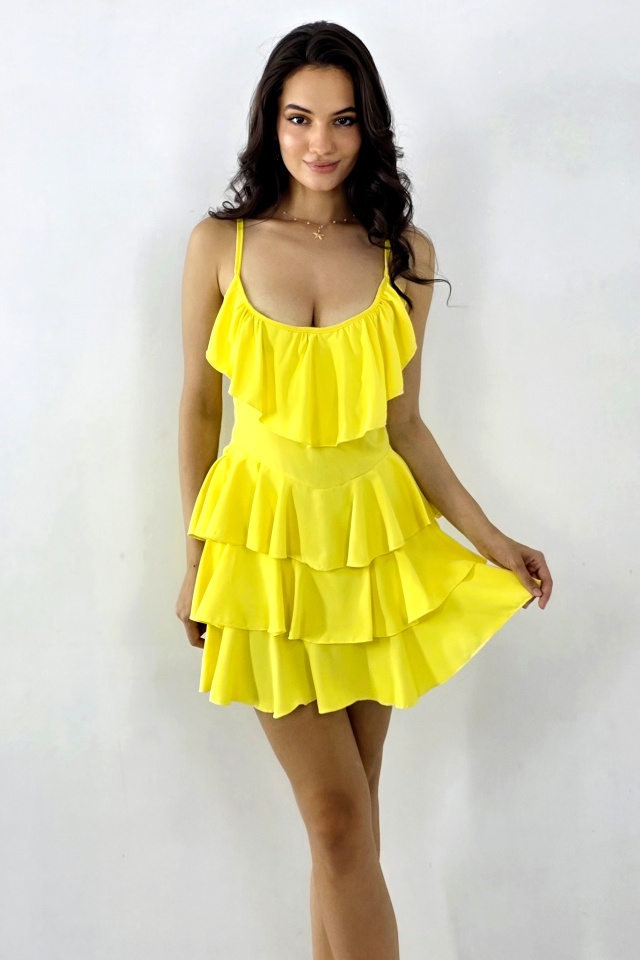 Rochie scurta AUGUSTina, babydoll cu volane asimetrice, Galben