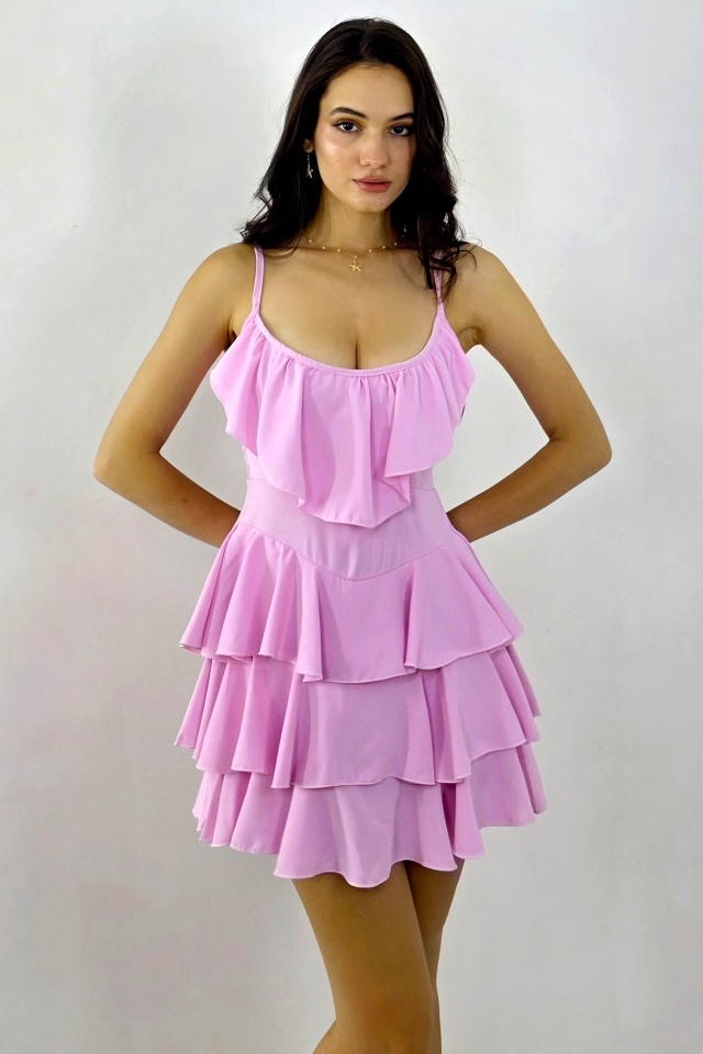 Rochie scurta AUGUSTina, babydoll cu volane asimetrice, ROZ, Marime S/M
