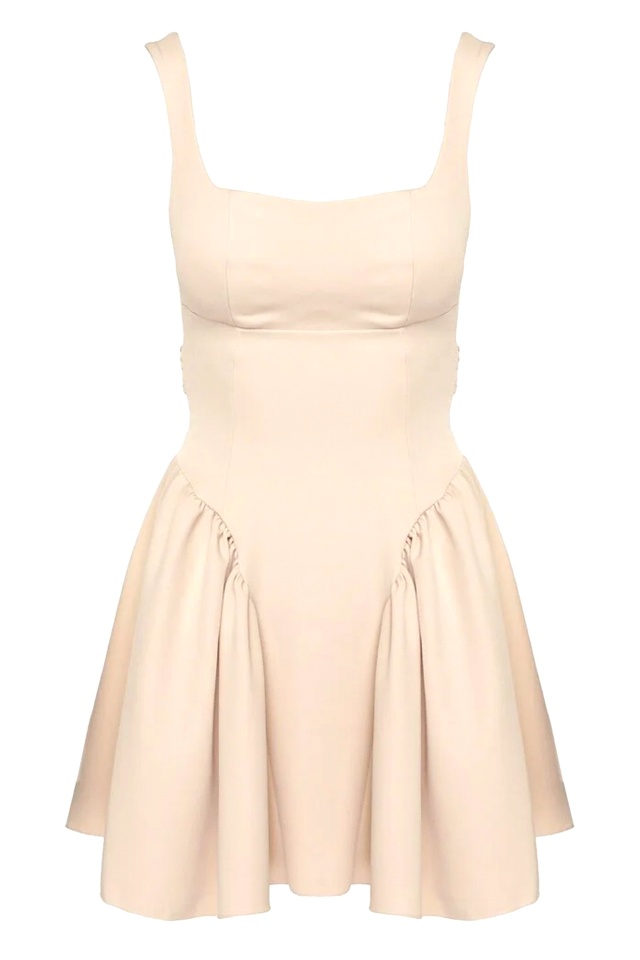 Rochie scurta babydoll MARA, cu spatele gol si funda, Crem, Marime S/M/L
