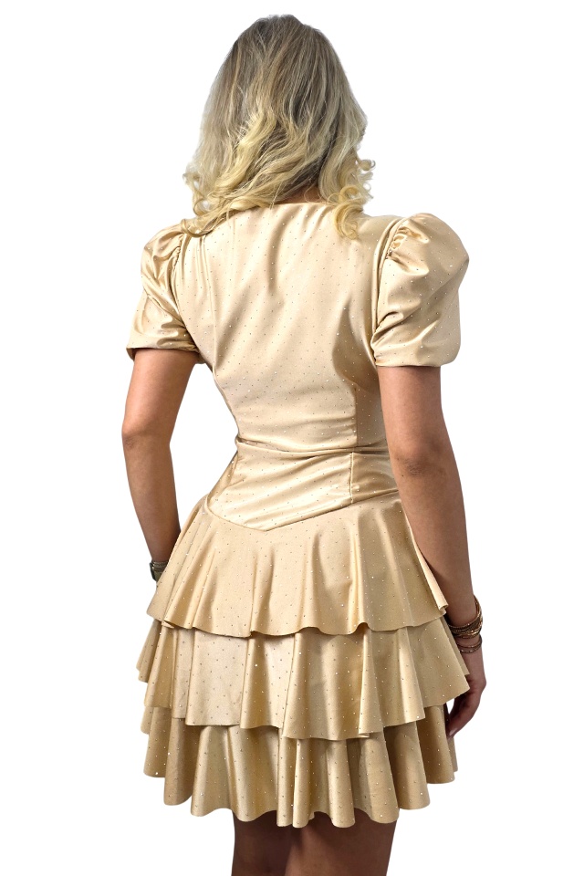 Rochie scurta babydoll, NAYABI, cu volane si cristale, Crem, Marime S/M