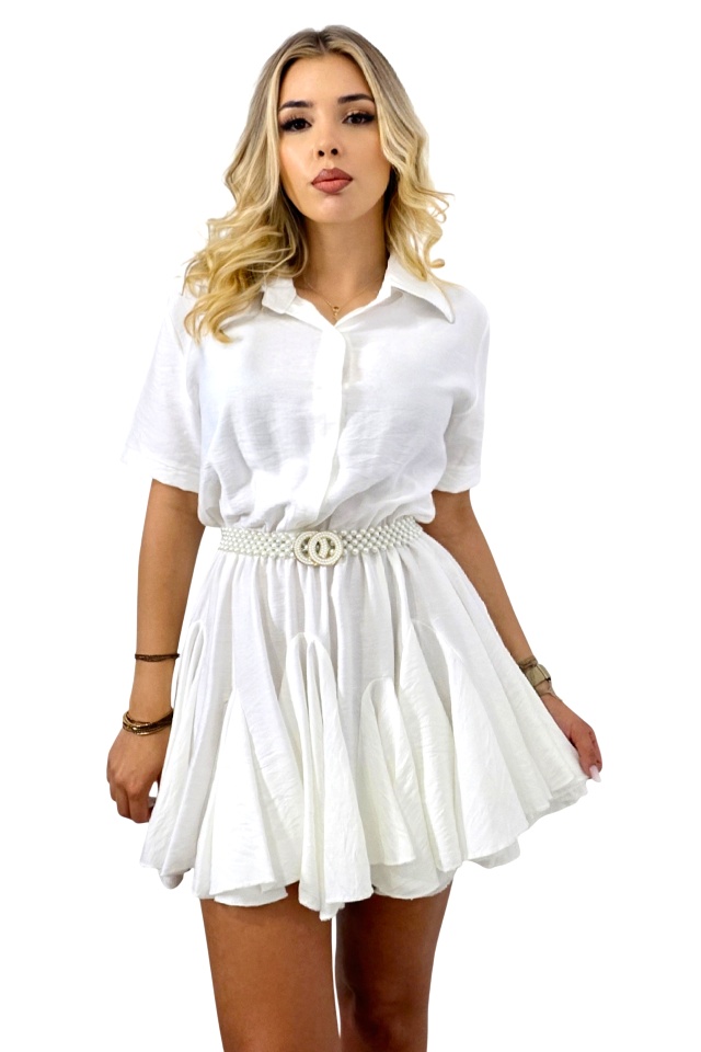 Rochie scurta, casual Peony, cu volane si revere, ALB, Marime S/M