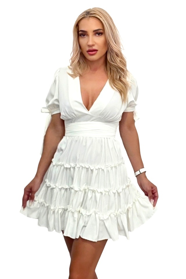 Rochie scurta cu volane si funda la maneci, MySecret, ALB, Marime S/M