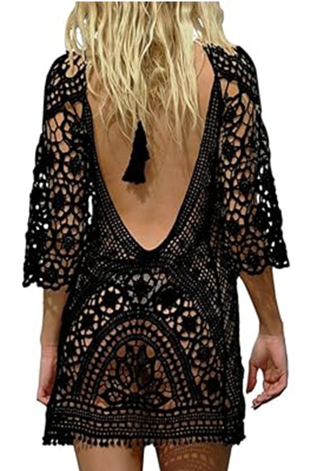 Rochie scurta de plaja Solva, aspect crosetat cu maneca trei sferturi, NEGRU, Marime S/M - 1 | YEO