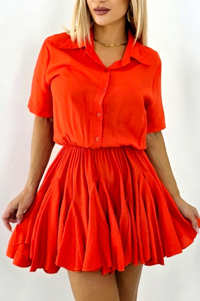 Rochie scurta, de zi, Peony, cu volum si volane, Portocaliu, Marime S/M