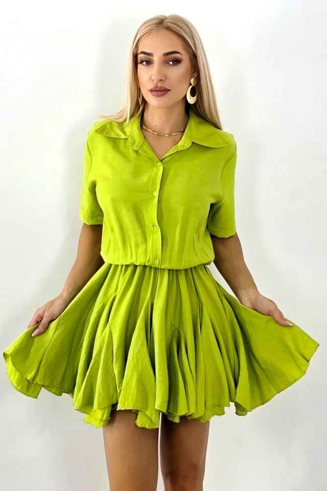 Rochie scurta, de zi, Peony, cu volum si volane, Verde, Marime S/M