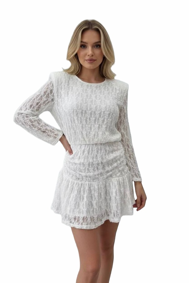 Rochie scurta, din dantela, Lunara, cu volane si elastic in talie, ALB, Marime S/M