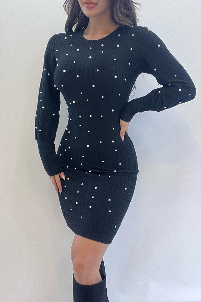 Rochie scurta, mulata, Polska, din tricot cu perle, Negru