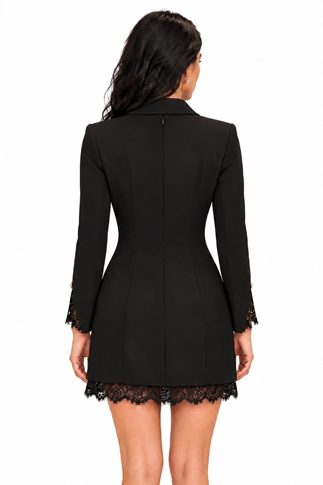 Rochie scurta tip sacou VARELIS, petrecuta, cu dantela la maneci si nasturi aurii, Negru — imaginea 6