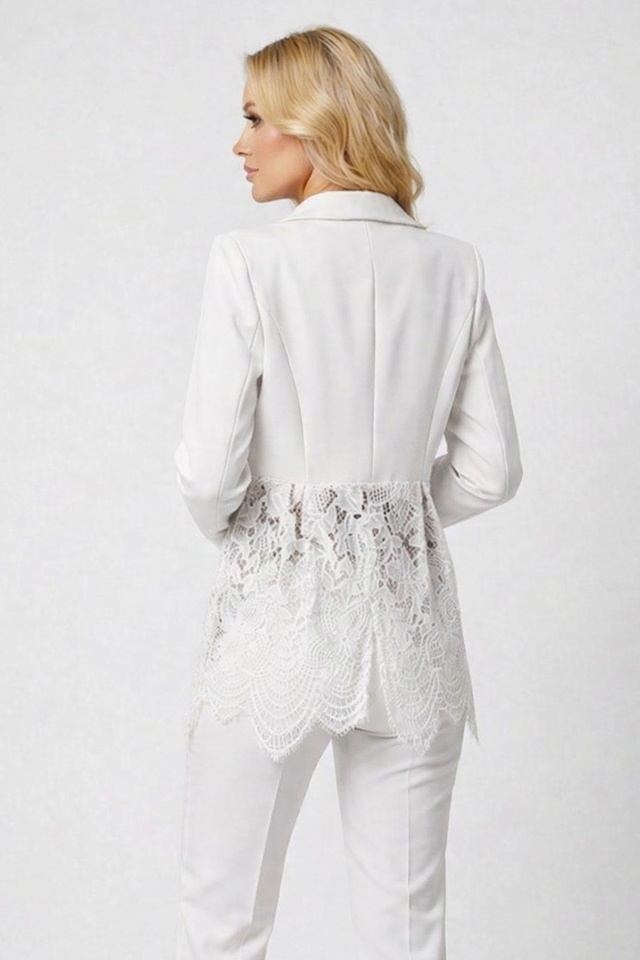 Sacou cambrat, de ocazie, Roselle, cu panou asimetric din dantela, Alb, Marime S/M
