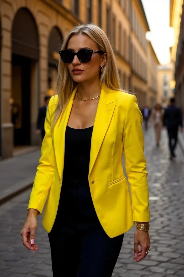 Sacou elegant Gisela, maneca cu fronseu si croi scurt, Galben - 2 | YEO