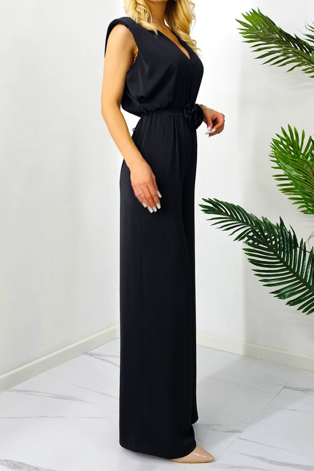 Salopeta eleganta Cecille, cu pantalon lung, Large si detaliu floral, Negru, Marime S/M - 1 | YEO