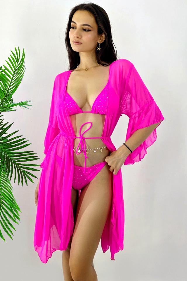 Set de plaja trei piese NaLLa-Zeny, cardigan si costum de baie cu paiete, Fucsia - 3 | YEO