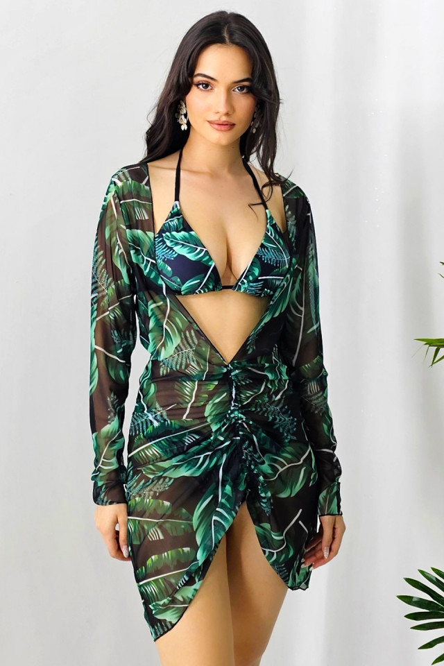 Set de plaja trei piese NAYS, slip, sutien reglabil si rochie asortata, Verde Tropical