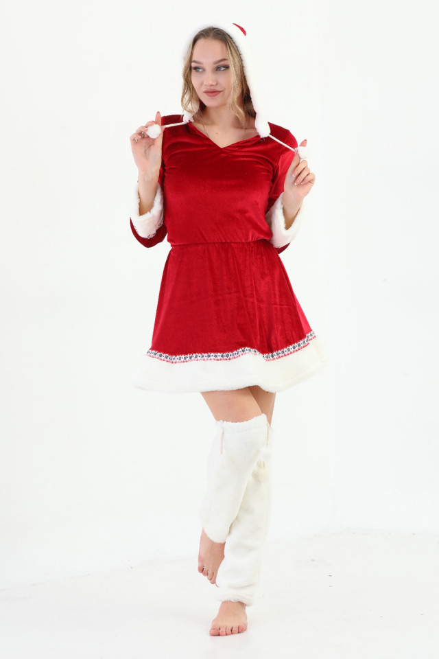 Set rochie Craciunita din catifea si blanita, Sparkle, gluga, jambiere din blanita artificiala si ciucuri - 2 | YEO